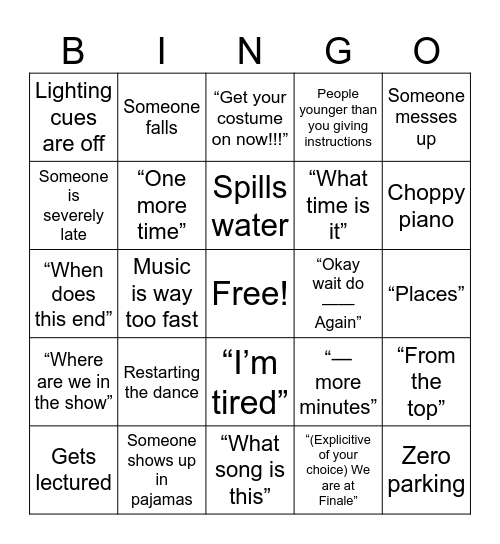 Ballet Dress/tech Bingo Card