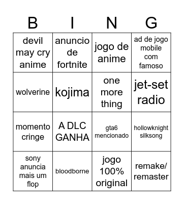 the game awards Bingo Card