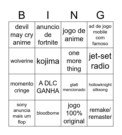 the game awards Bingo Card