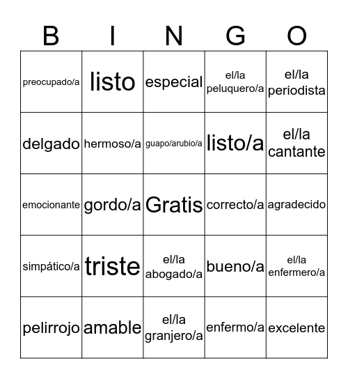 Los Adjetivos y Las Profesiones #4 Bingo Card