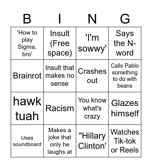 Zach Bingo Card