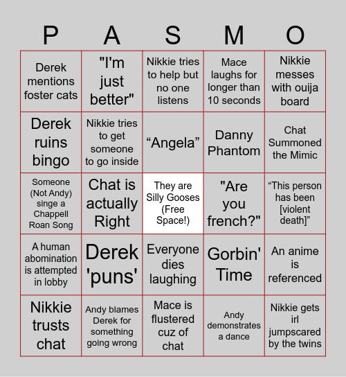 LoA D.A.M.N. Phasmo Bingo Card