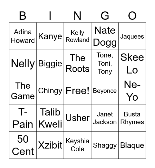 Rnb Mixy Mix YumDrop Bingo Card