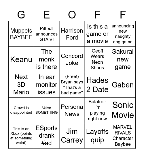 Geoff Day Bingo Card