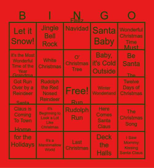 Christmas Song Bingo Card