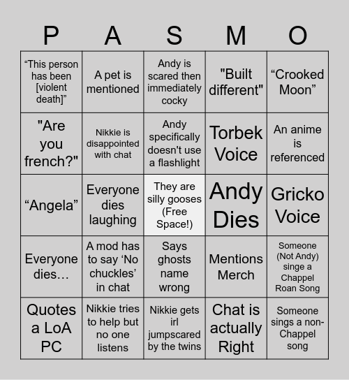 LoA N.A. Phasmo Bingo Card