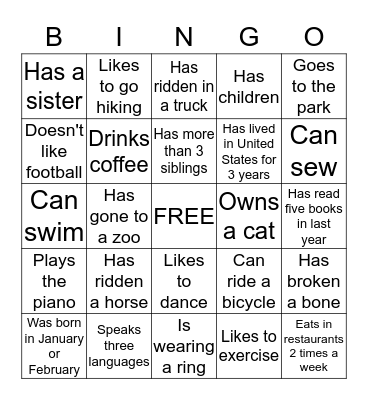 Getting to Know You  Bingo Card