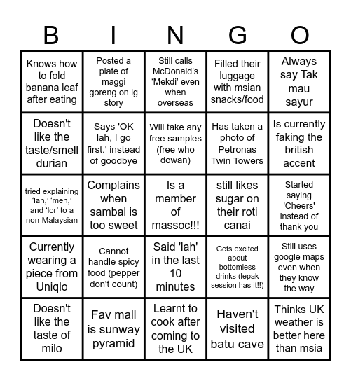 Malaysian Bingo! Bingo Card