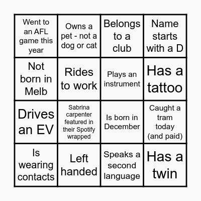 DCCEEW Melbourne EOY Party Bingo Card