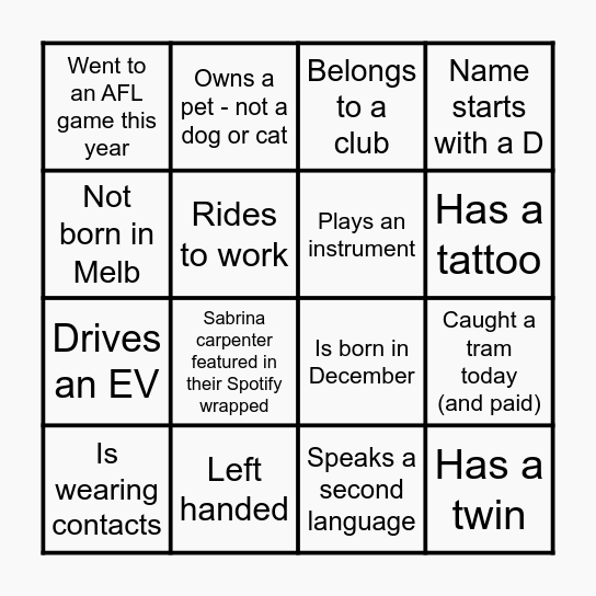 DCCEEW Melbourne EOY Party Bingo Card