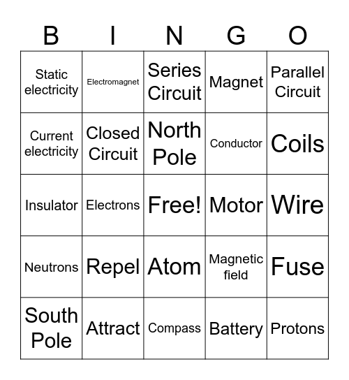 Electricity and Magnetism Bingo Card