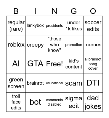 yt shorts Bingo Card