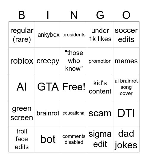 yt shorts Bingo Card