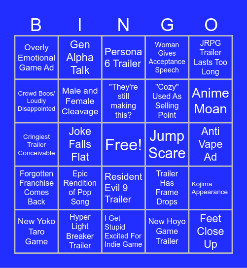 Game Awards Bingo Card