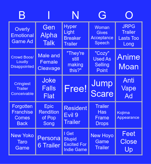 Game Awards Bingo Card