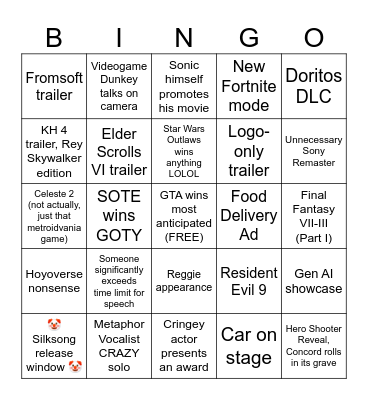 Game Awards 2024 Bingo Card