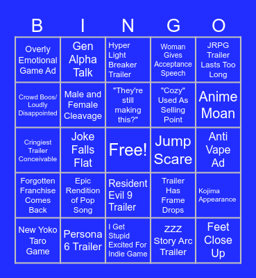 Game Awards Bingo Card