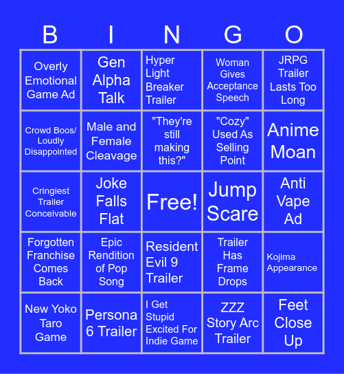 Game Awards Bingo Card