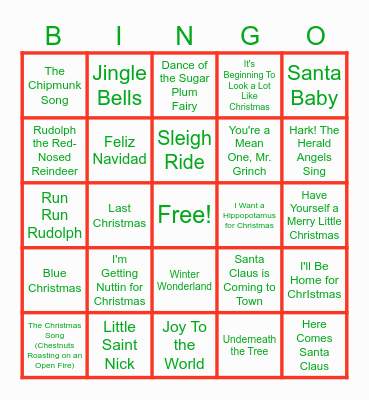 Holiday Music Bingo Card