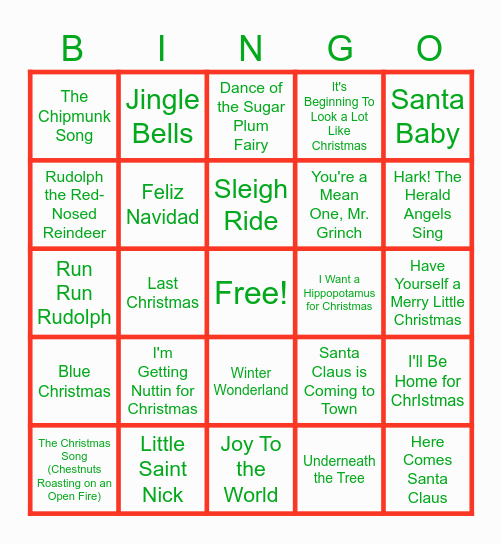 Holiday Music Bingo Card