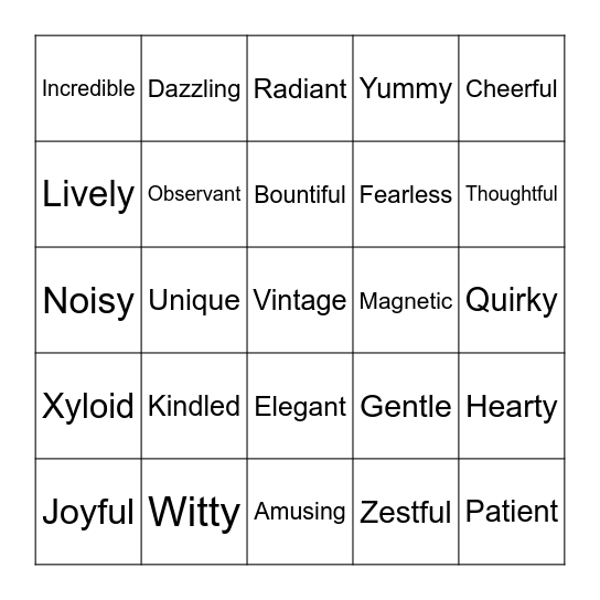 Adjectives Bingo Card