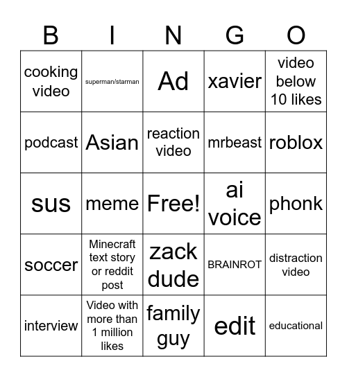 Shorts Bingo Card