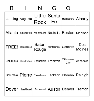 States and Capitals Bingo Card