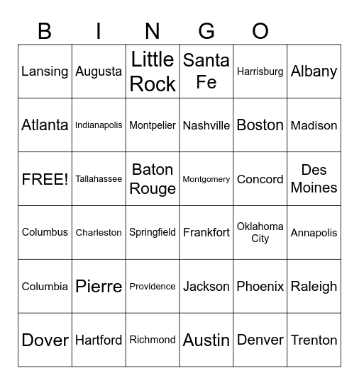 States and Capitals Bingo Card