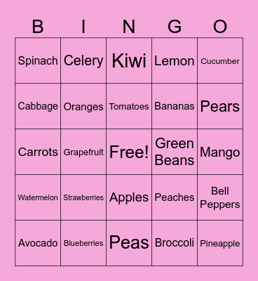 Healthy Foods Bingo Card