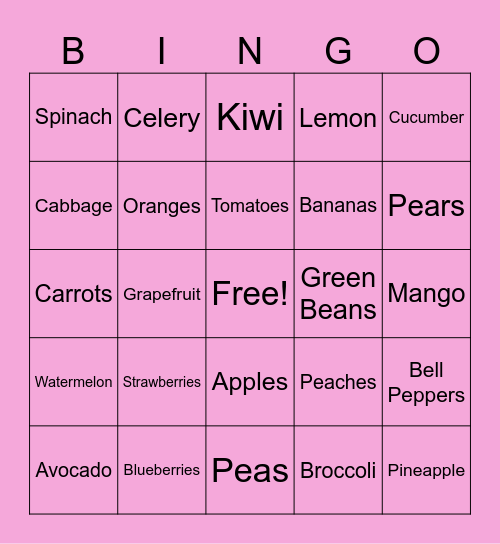 Healthy Foods Bingo Card