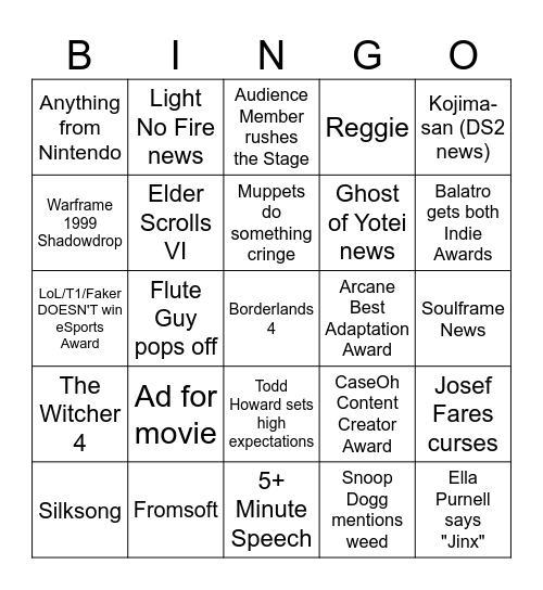 Game Awards 2024 Bingo Card