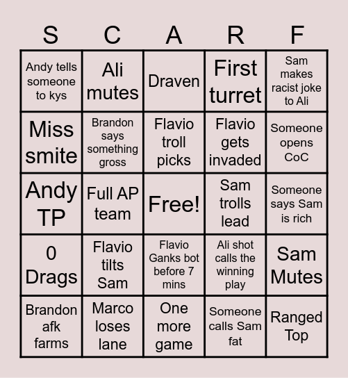 Cult of Sam League Bingo Card