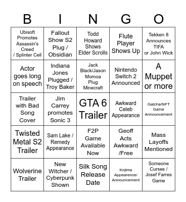 Game Awards 2024 Bingo Card