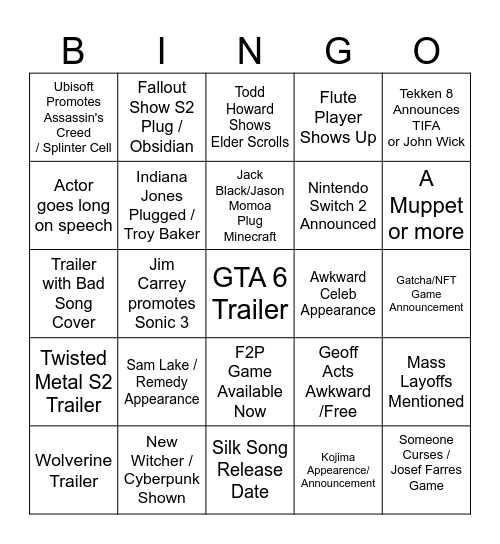 Game Awards 2024 Bingo Card