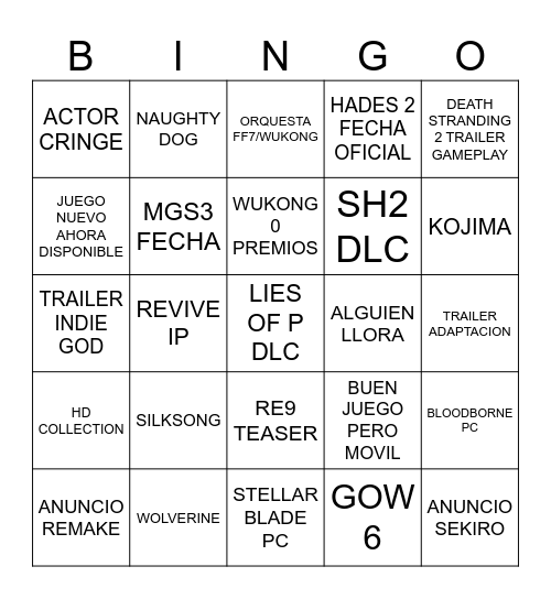 GOTY Bingo Card