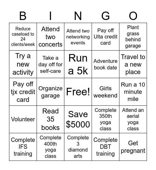 2025 Goals Bingo Card