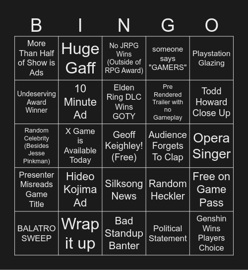 Game Awards Bingo Card