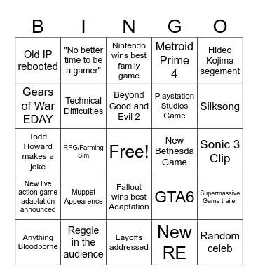 Game Awards 2024 Bingo Card