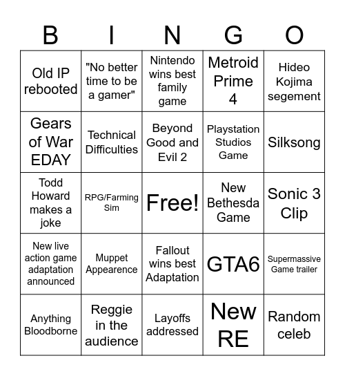 Game Awards 2024 Bingo Card