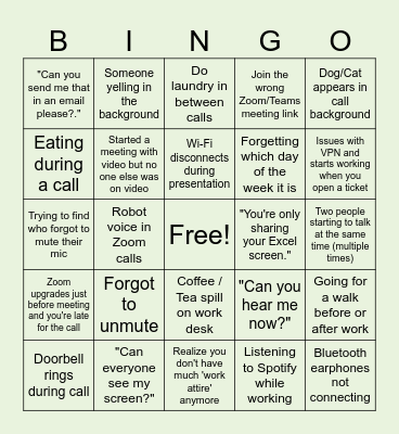 Remote Work Bingo Card