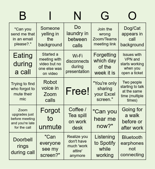 Remote Work Bingo Card