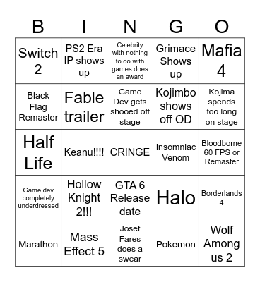 Gamer Awards Bingo Card
