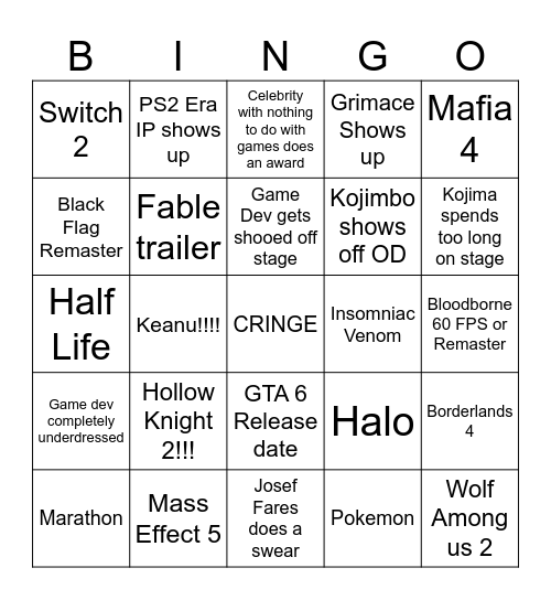 Gamer Awards Bingo Card