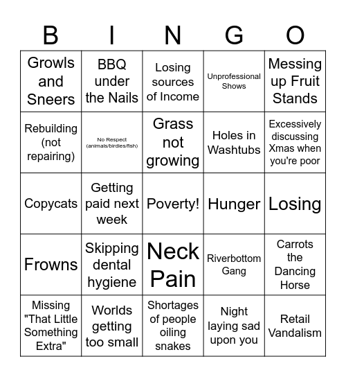 Emmet Otter's Bad Things Bingo Card