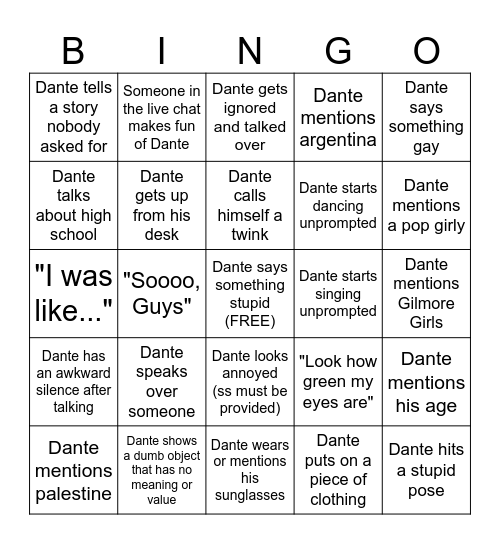 Dante Bingo Card