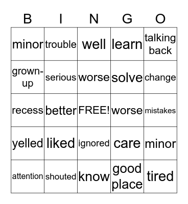 Talking  Back Bingo Card