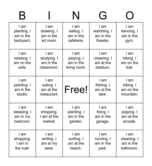 I am playing. I am in the park. Bingo Card