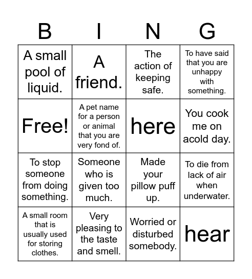 Week 15 New Vocabulary Bingo Card