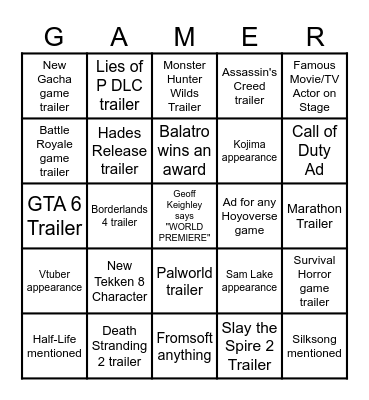 Game Award 2024 Bingo Card