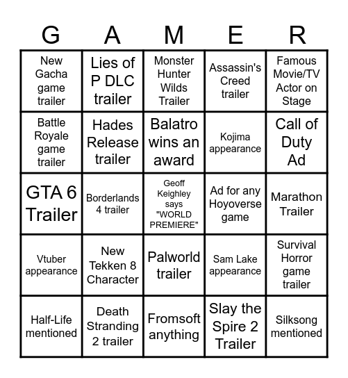 Game Award 2024 Bingo Card